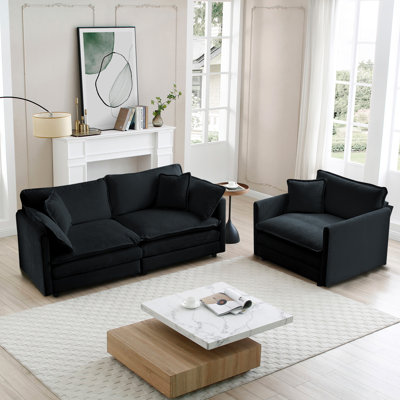 Modern Upholstered Chenille Cloud Couches Set, Loveseat Couch & Sofa Armchair Set
