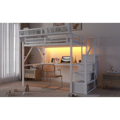 Queen Loft Bed With Desk, Charging Station, And Rgb Lights | Metal With Staircase & Storage For Teens And Kids, White