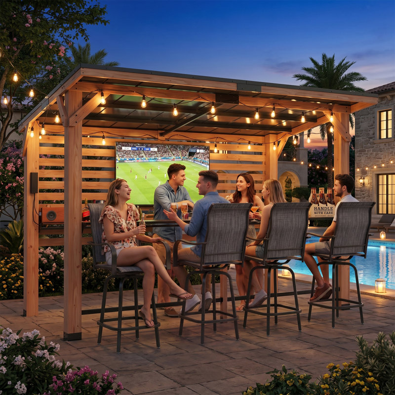 Pavillon de jardin d'extérieur en cèdre massif 10 pi x 8 pi avec support télé intégré et 4 tabourets de bar pivotants