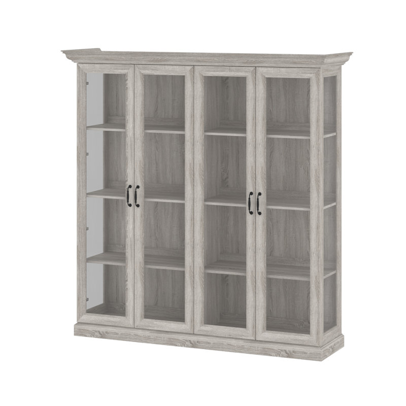 68'' W Gray Oak Glass Display Bookcase With 4 Clear Glass Doors & LED Lighting