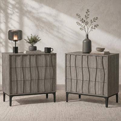 Mid-Century Modern 3-Drawer Nightstand with Textured Wood Fronts Set of 2