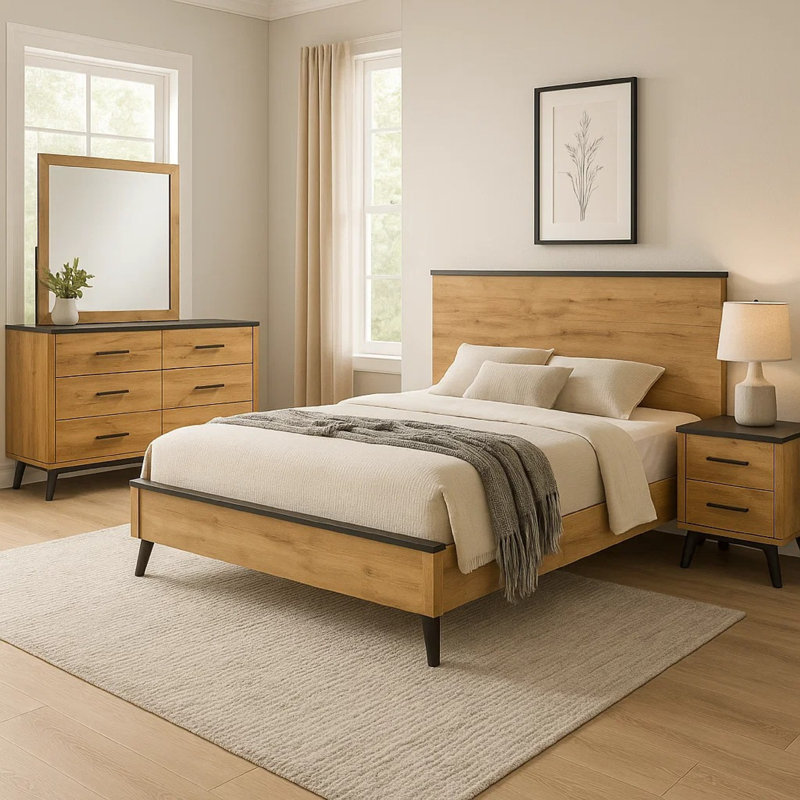 Ensemble de lit pour grand lit 4 pièces Wemy, bois de pin brun rustique, pieds fuselés, Grand