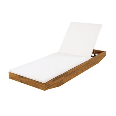 Acacia Wood Chaise Lounge With 2-Fold Thin Cushion - Teak Finish Outdoor Recliner With Cream Water-Repellent Cushion, 79.6" L X 29" W, 300 Lbs