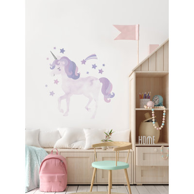Autocollant mural aquarelle scintillant licorne avec étoiles