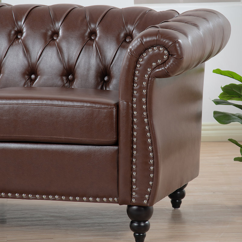 Canapé Chesterfield en polyuréthane à accoudoirs roulés., Brun foncé