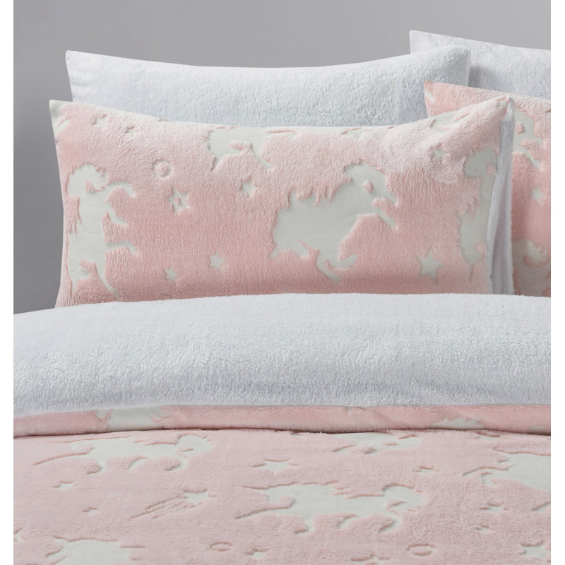 Velosso Glow In The Dark Cosy Teddy Soft Unicorn Pink Duvet Set, 200cm L x 200cm W
