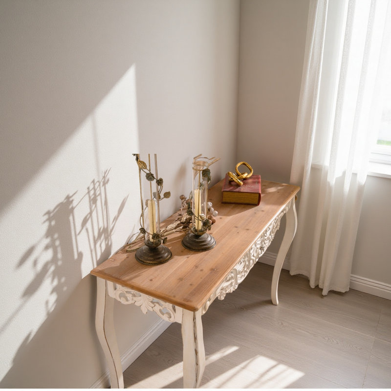 Antique White Console Table With Carved Details, Distressed Console Table, Vintage French Country Entry Table With Wood Carvings And Curved Legs For Hallway Living Room