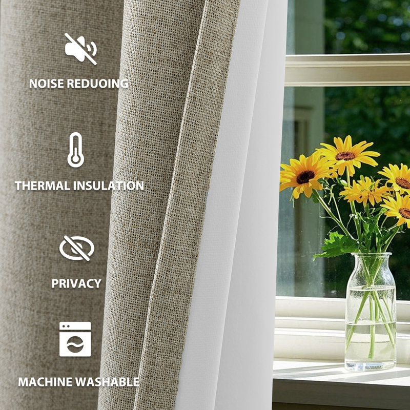 100% Blackout Linen Curtains,Room Darkening Grommet Drapes for Bedroom with White Liner, 52" W x 84" L, Natural