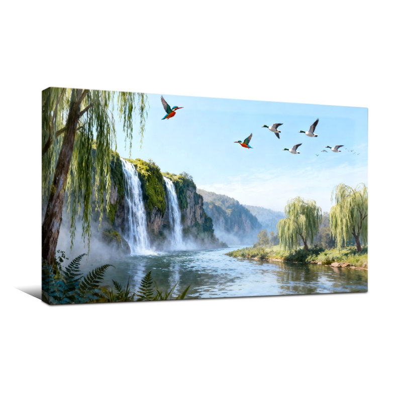 Plantes et fleurs Cascade Ruisseau Oiseaux Arbres Ciel Nature Paysage, H 16 po x l 32 po