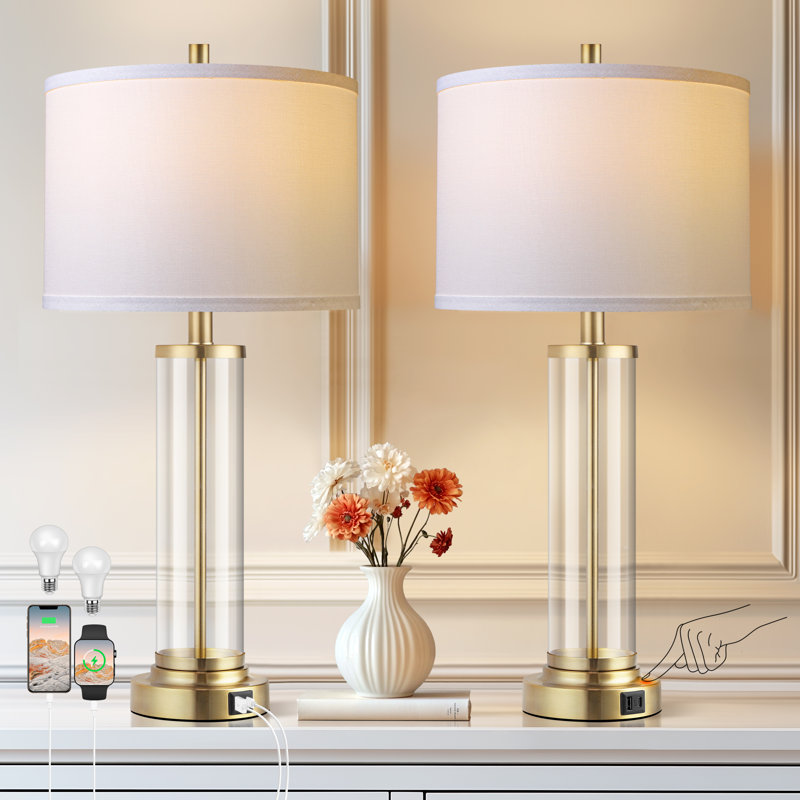 27" Modern Table Lamp for Bedroom Set of 2 with USB A+C Ports, 3-Way Dimmable Bedside Lamp for Living Room Bedroom (Bulbs Included)