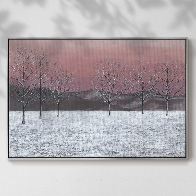 «Sunset Snowfall I», peinture sur toile encadrée, H 27 po x l 41 po x P 2 po, Encadrement argenté