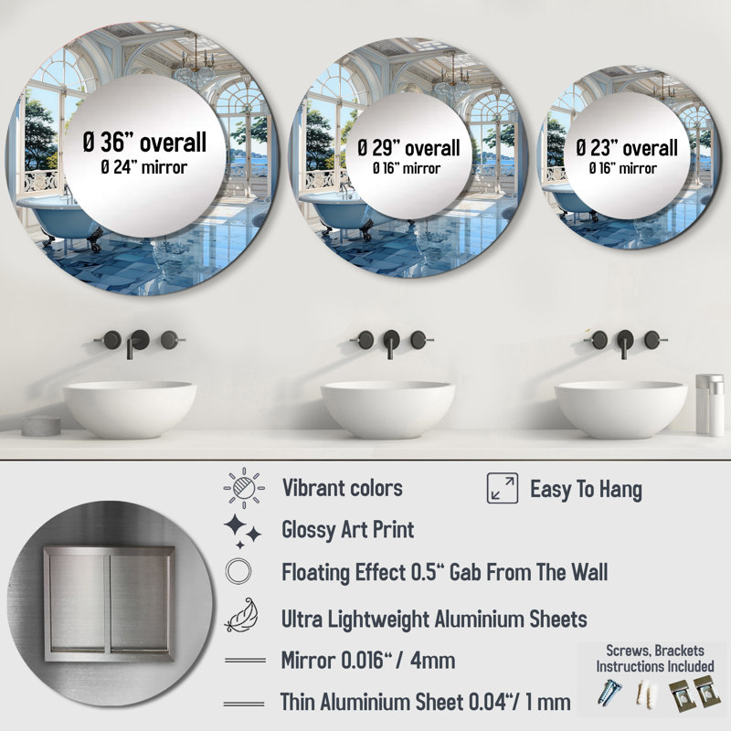 Bathroom Tranquil Reflections II - Bathroom Decorative Mirror, Blue Round Wall Mirror, Printed Metal Art, 23" x 23"