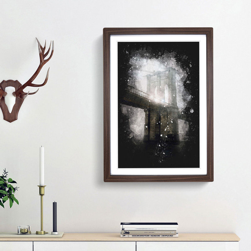 Lights Of Brooklyn Bridge Paint Splash - Picture Frame Graphic Art, Walnut Framed, 63cm H x 45cm W x 2cm D
