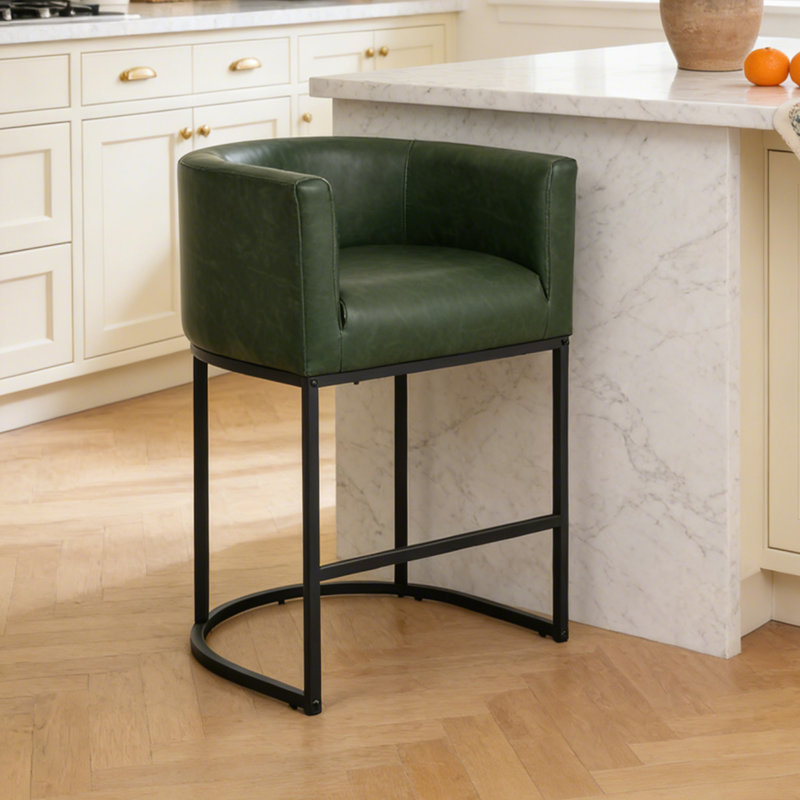 26" Counter Height Bar Stools, Faux Leather Barrel Counter Chairs （Set of 1), Green