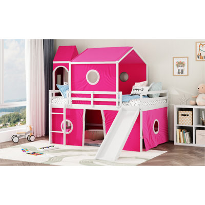 Full Size Pink Loft Bed With Slide, Tower And Tent - Unique Windowed , Solid , Air Circulated Area For Drawing Slide Elements, Quality Lumber, Spacious Under Storage