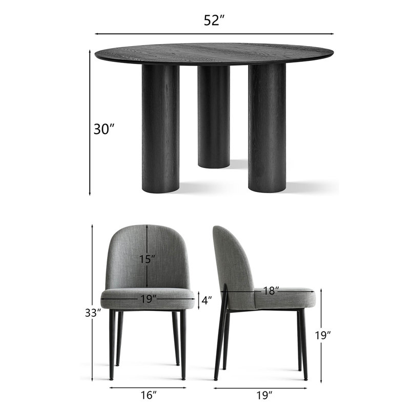 Modern 7-Piece Round Dining Set With Multi-Pedestal Base Table And Upholstered Side Chairs, Gray