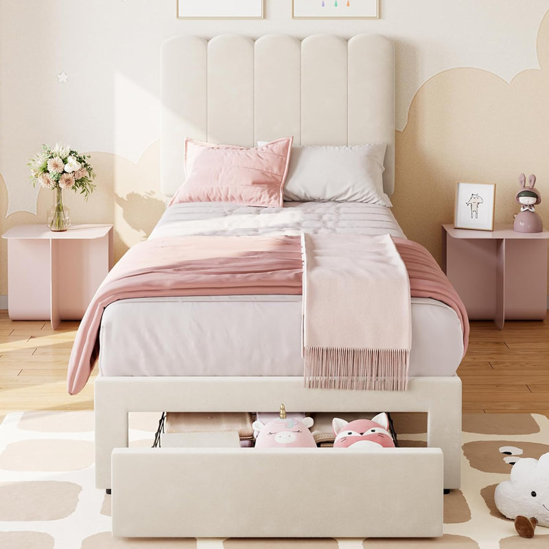 Cadre de lit simple avec tiroir de rangement, Beige