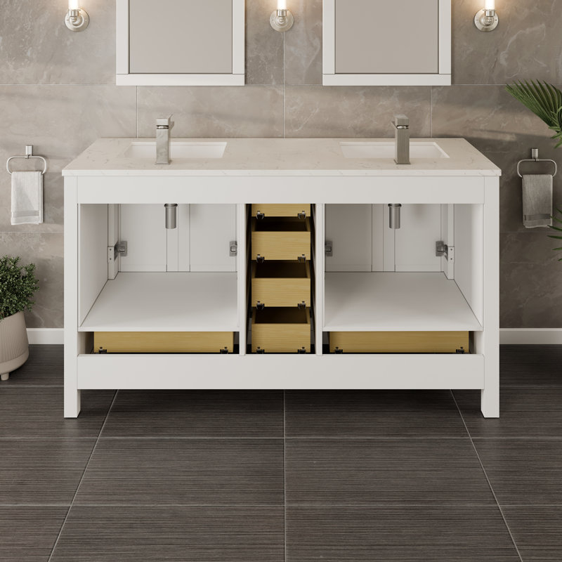 London Double Sink White Bathroom Vanity with Carrara Quartz Countertop