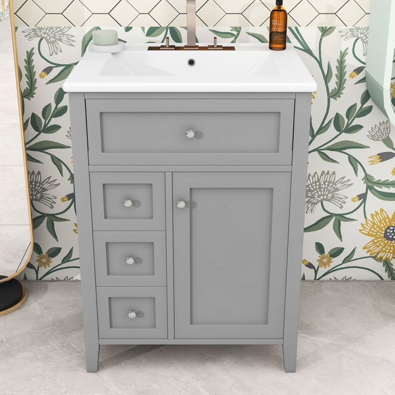 Meuble-lavabo de salle de bain avec lavabo, tiroirs de rangement et tablette réglable, Gris