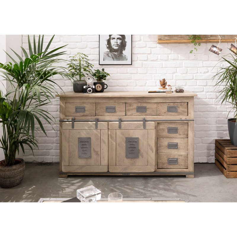 Railway 150cm Solid Wood Sideboard, Whitewash Lacquered
