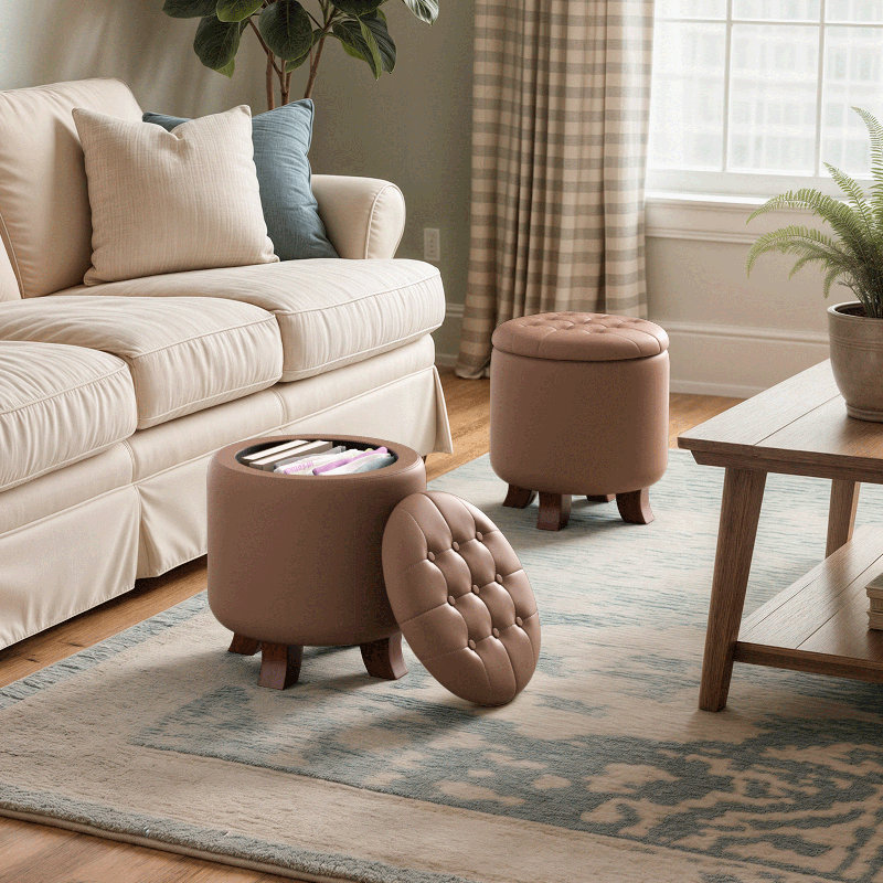 Storage Ottoman With Padded Seat, Modern PU Leather Footrest, Round Stool For Living Room Bedroom, Brown