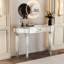 Console semi-circulaire de 47 pouces avec miroir pour chambre ou garde-robe, dotée d'un tiroir en verre cannelé et bouton en cristal, gris et argent, matériau en bois dur, table au design mince d'inspiration milieu du siècle.