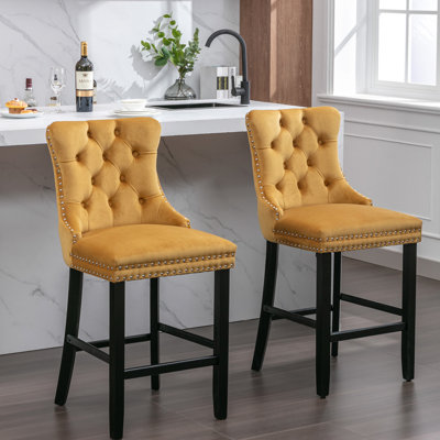 Comfortable Velvet Bar Chairs With Multilayer Board Cushion, Solid Wood Construction - Of 2  golden Decorative Rivets, Legs, Golden Finish