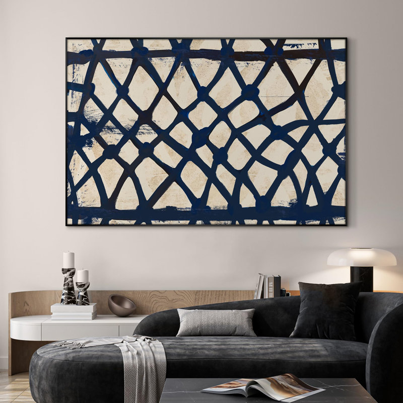 Framed Wall Art Blue Lattice Brushstroke Abstract Hand-Painted Diamond Grid Illustration for Home Living Room Bedroom Decor (Frame Assembly Required)