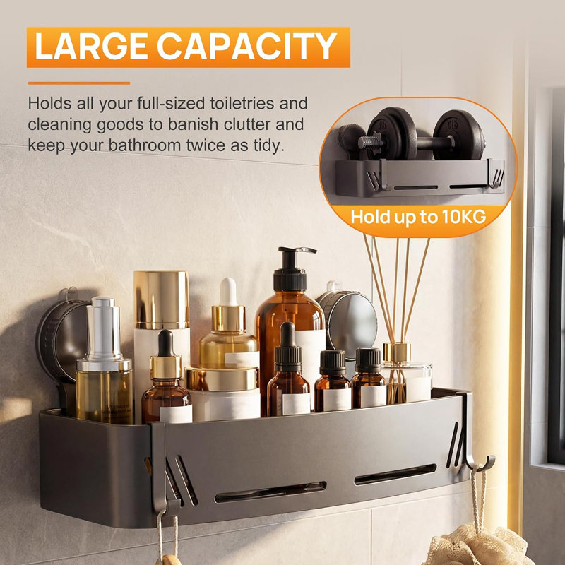Lot de 2 paniers de douche à ventouses avec crochets, organisateur de salle de bain en aluminium sans perçage pour surfaces lisses, pour shampoing, rasoirs et accessoires de bain, gris anthracite