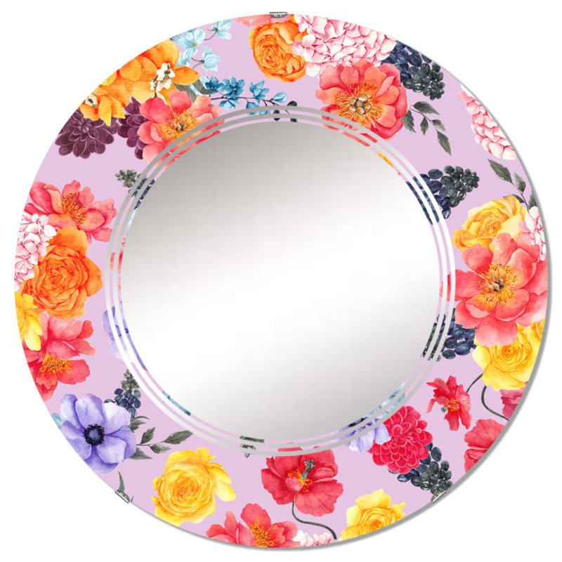 Miroir mural rond orange à motif de fleurs orange, jaune et bleu, 32 po x 32 po