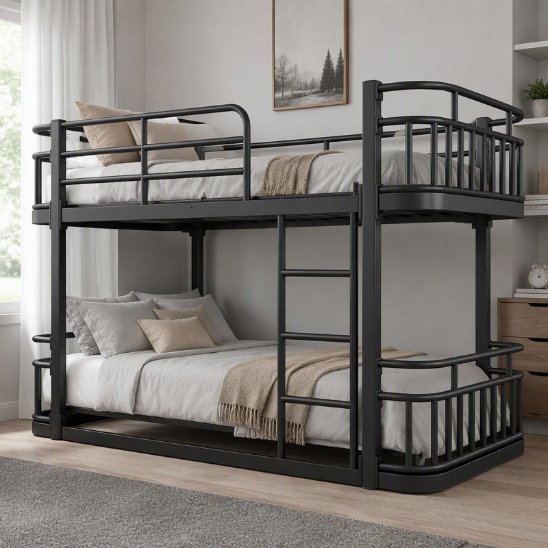 Lit superposé simple au-dessus de simple TG avec échelles et garde-corps, structure en métal à tuyaux ronds améliorée, élégant et polyvalent pour toutes les pièces, adolescents et adultes, noir