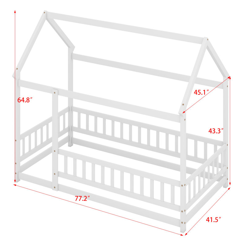 Lit en bois avec structure de toit et garde-corps de sécurité, Blanc