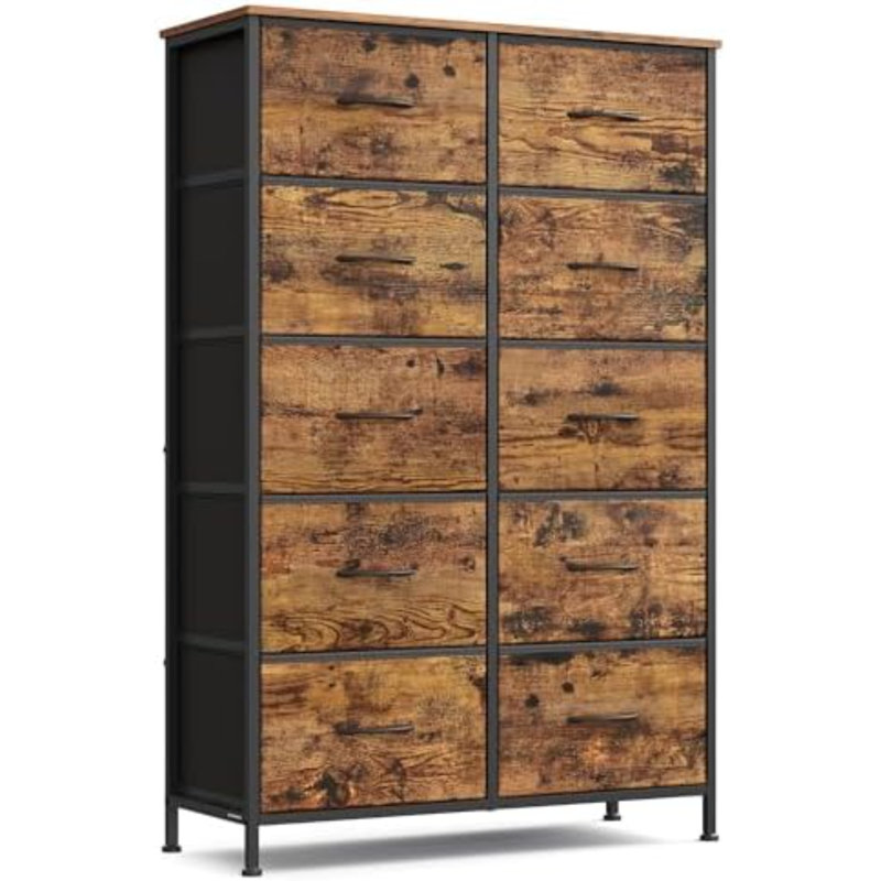 Commode pour chambre à coucher, commode, acier, panneau de fibres à densité moyenne, 10 tiroirs en tissu non tissé, unité de rangement, garde-robe, brun rustique et noir encre