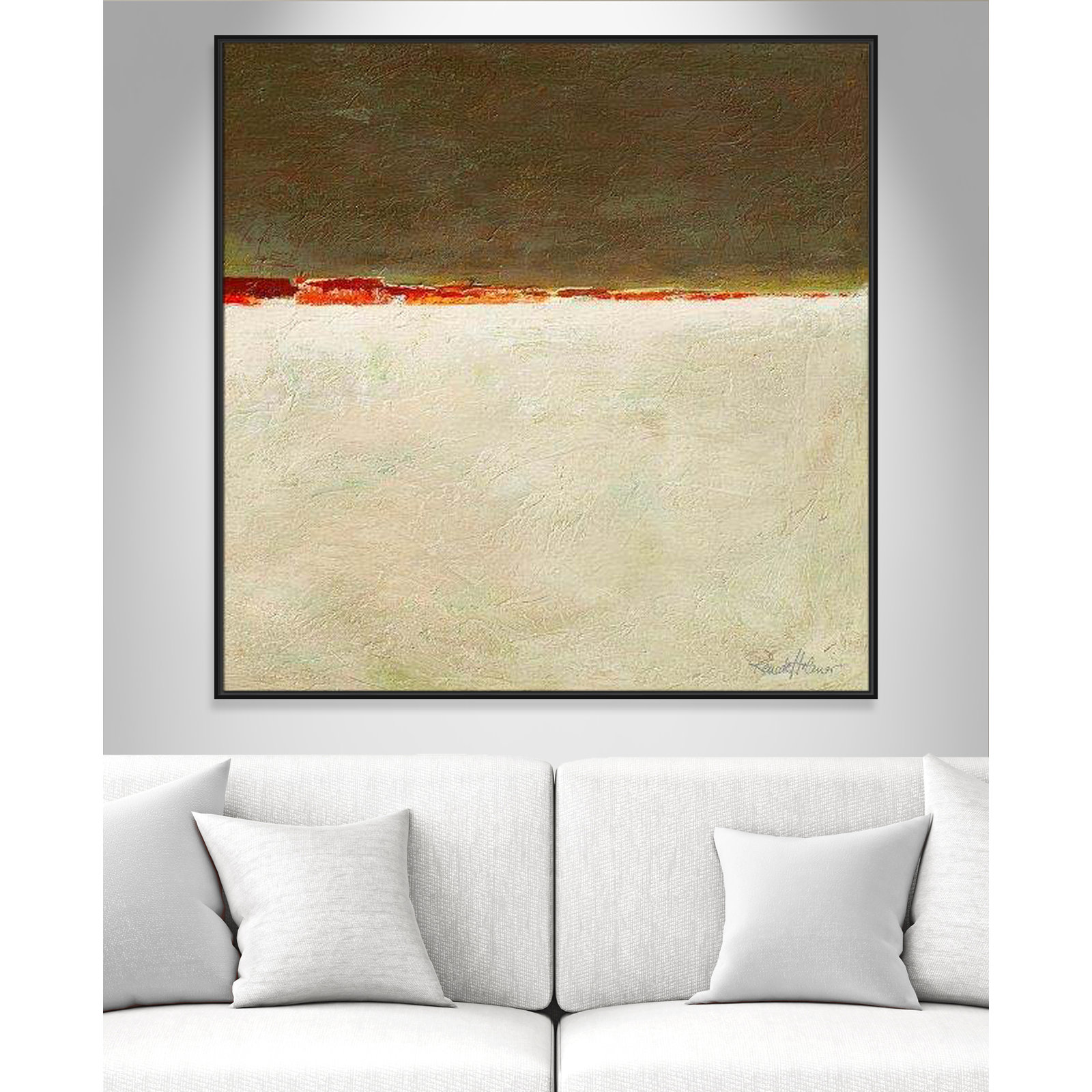 Orange Horizon I by Renate Holzner, 46.5'' H x 46.5'' W x 2'' D, Black Framed