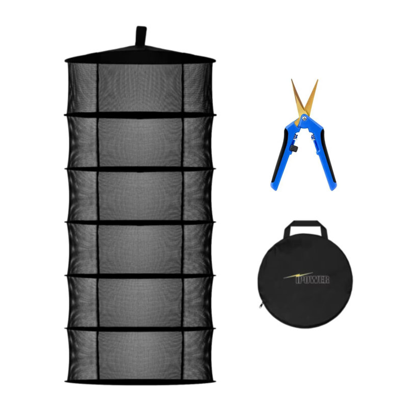 Séchoir à linge suspendu en filet à 6 couches de 2 pieds avec couvercle Opendoor, Pothook et pochette de rangement, tondeuse à main de jardin de 6,5 pouces pour bourgeons de culture hydroponique, bleu
