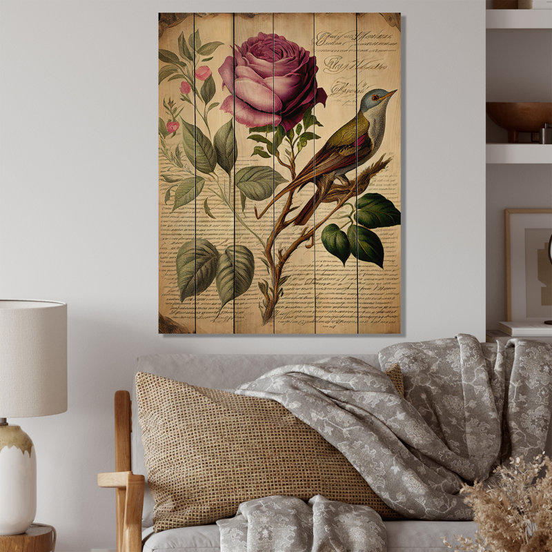 Victorienne rétro rose rose - impression d'art floral bois rose, H 32 po x l 16 po x P 1 po