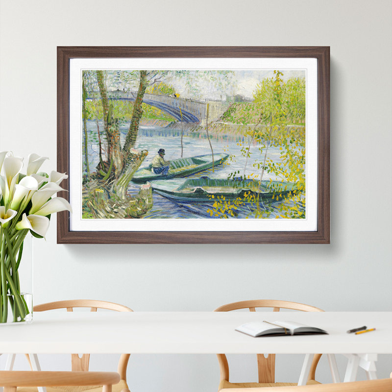 Fishing in Spring by Vincent Van Gogh - Picture Frame Painting, Walnut Framed, 27cm H x 36cm W x 2cm D