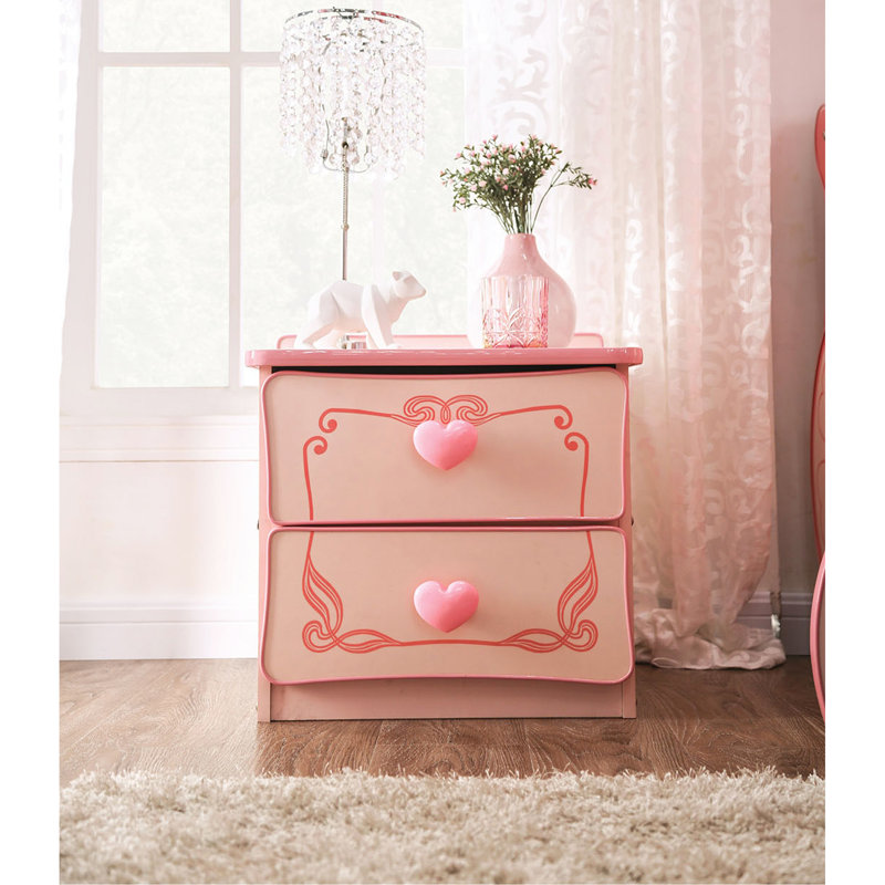 Wooden 2 Drawers Nightstand In Pink Finish