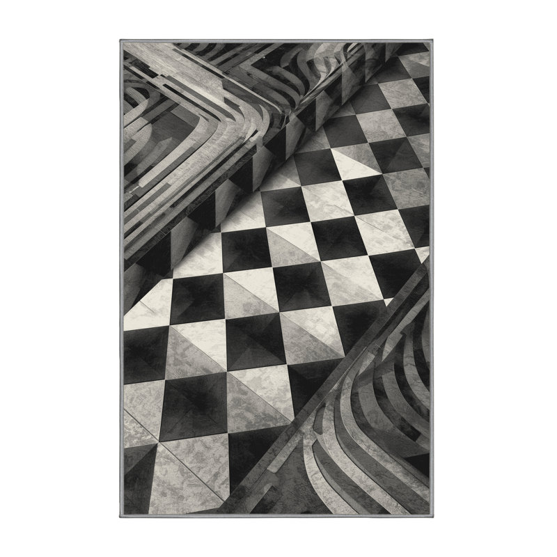 Machine Washable Pahola Art Deco Geometric Rug in Gray – Gray Binding, 2 x 5