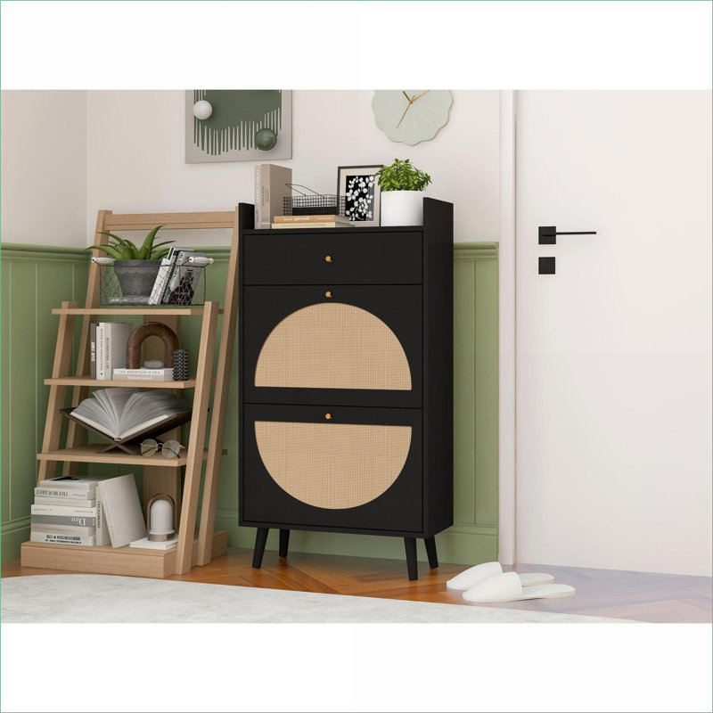 Cabinets | 2 Door 1 Drawer Double Layer Shoe Storage Cabinet, Engineered Rattan, Solid Pine Feet | Traditional | Entryway