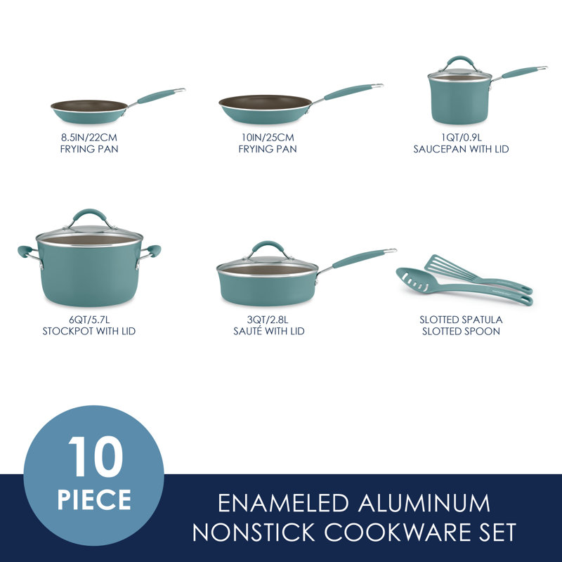 Rachael Ray Cucina Nonstick Cookware Pots and Pans Set, Includes Cooking Utensils, 10 Piece, Agave Blue