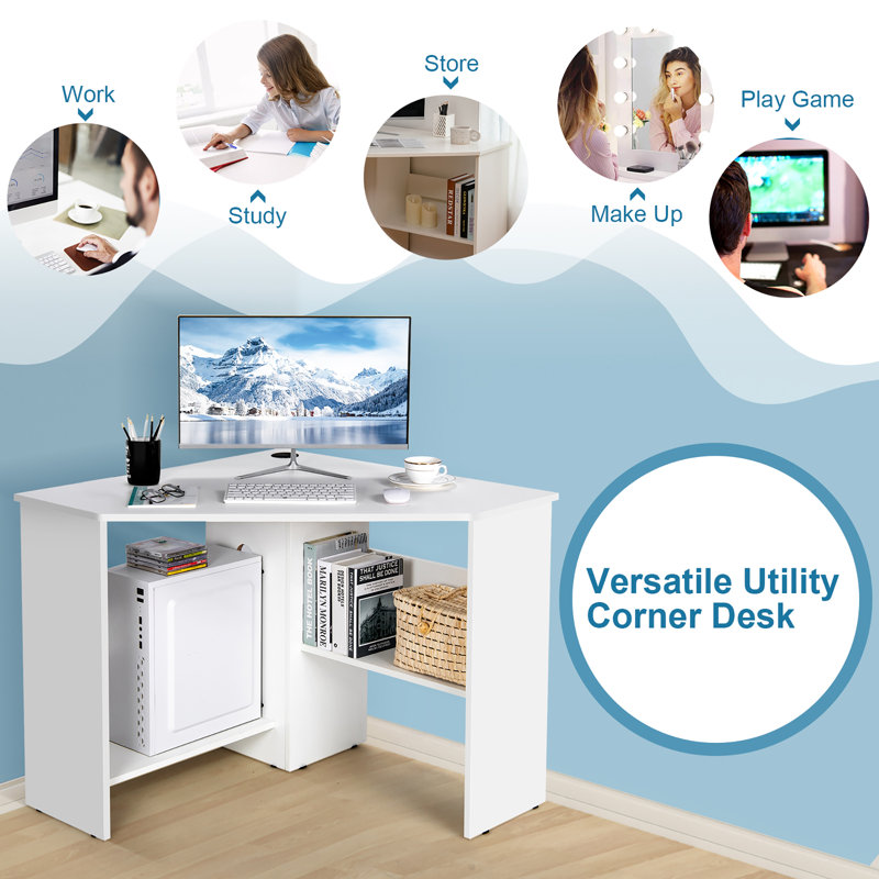 White Compact Corner Computer Desk with Storage Shelves
