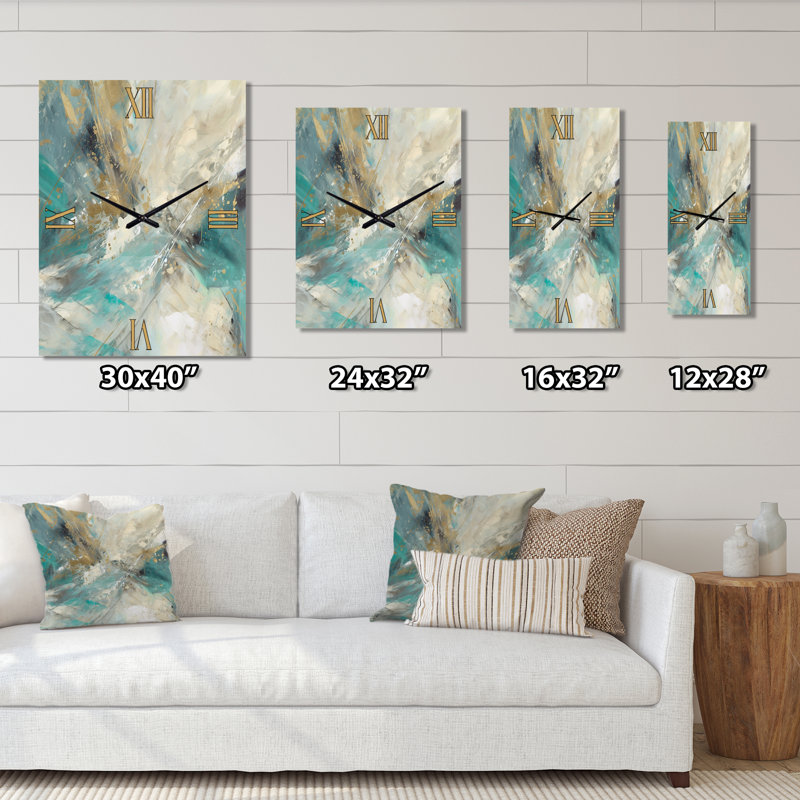 Horloge dorée en or turquoise VI - Horloge murale abstraite surdimensionnée, H 40 po x l 30 po x P 1 po
