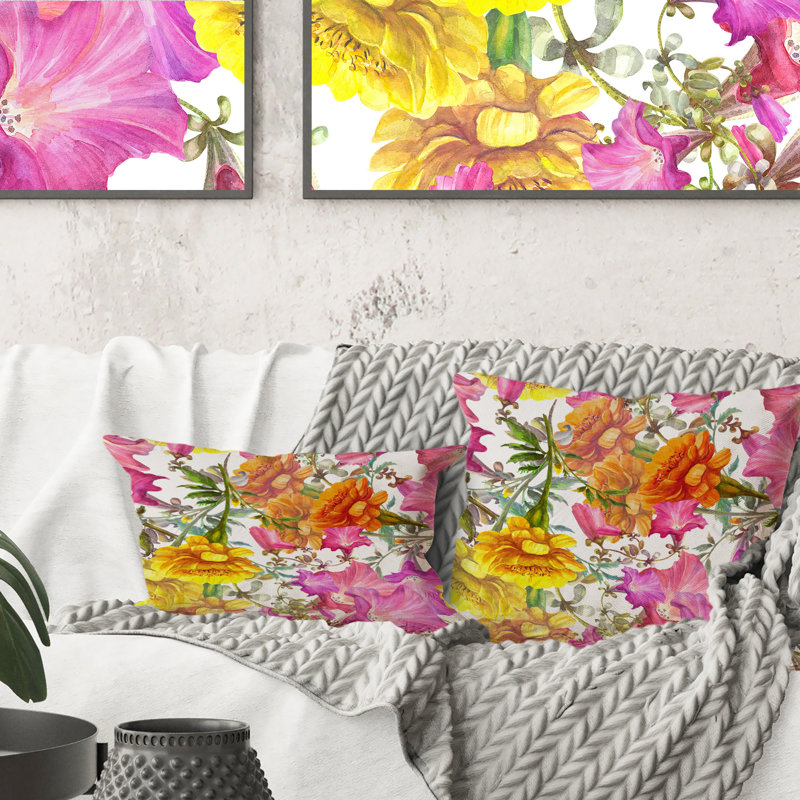 Pétunia et fleurs de souci - Coussin décoratif à motif, 16 po x 16 po