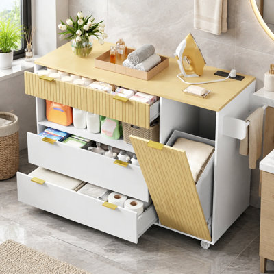 Tilt Out Laundry Hamper Cabinet with Removable Basket and 3 Drawers, Freestanding Bathroom Cabinet with Open Shelving