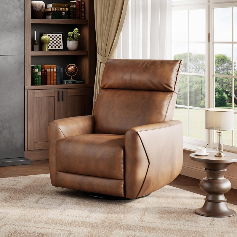 Power Swivel Rocker Recliner Chair with USB, PU Leather Glider for Living Room & Nursery, Brown