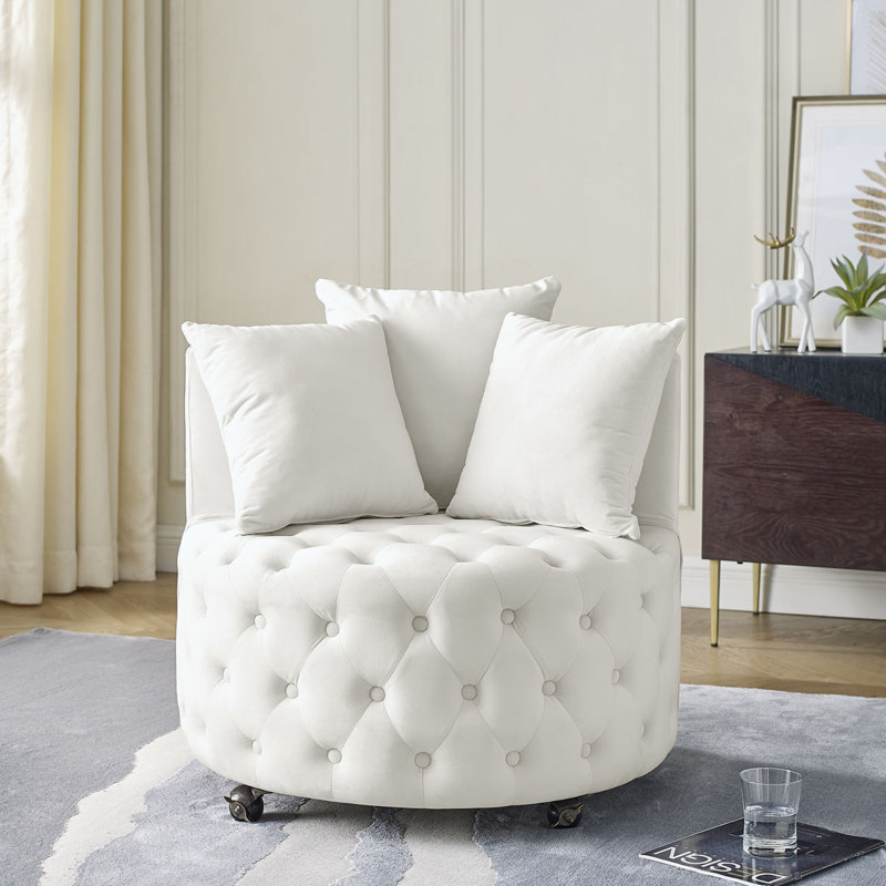 Chaise pivotante rembourrée et capitonnée en velours, Velours beige