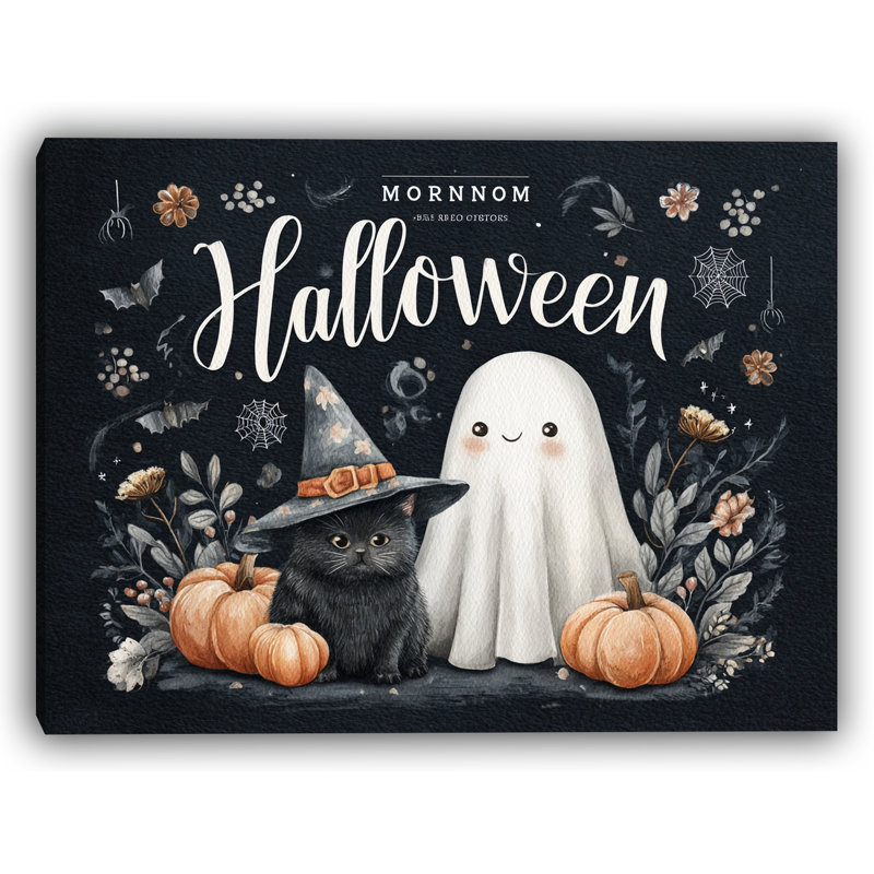 Art mural d'Halloween fantôme et chat avec citrouilles, H 16 po x l 24 po