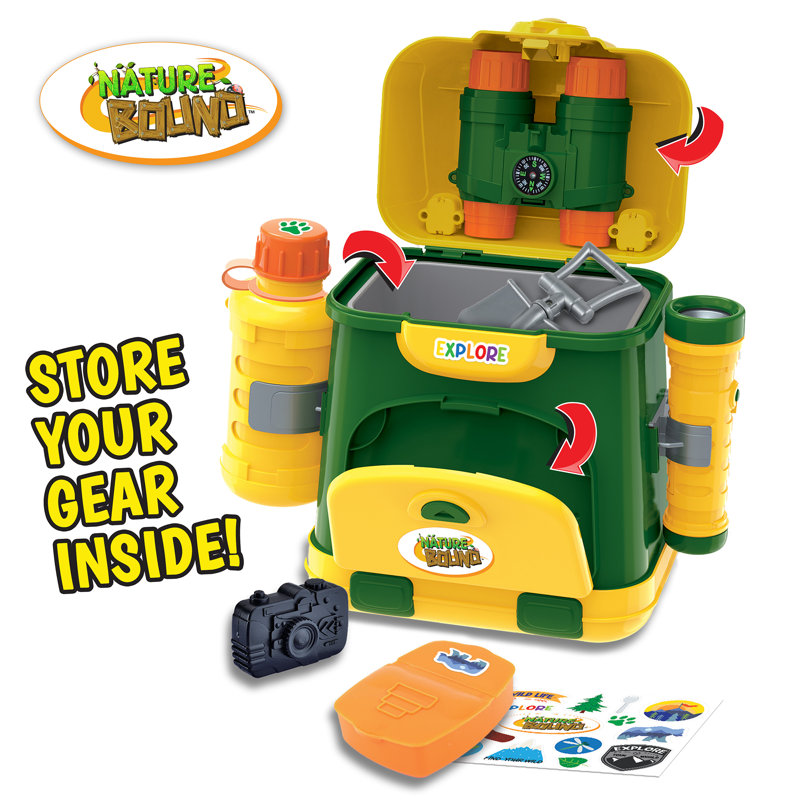 Nature Bound: sac à dos Explorer - ensemble de jeu 9 pièces Adventure Gear, jumelles-pelle-lampe de poche, étui rigide avec roues et sangles d'épaule, enfants de 3 ans et plus