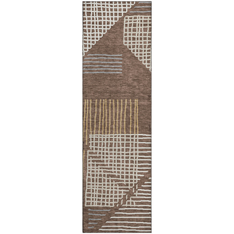 Premium Machine Washable Mayfield AMF2270 Striped Rug, 2'3" x 7'6" Runner, Brown